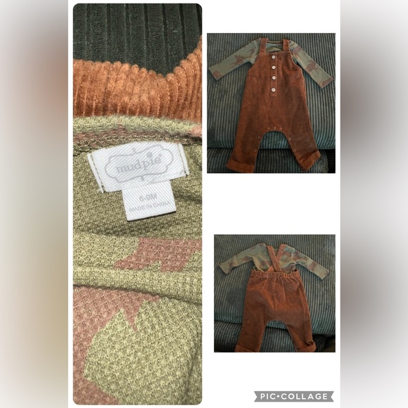 Mud Pie Green & Brown Moose Print Shirt w/ Brown Corduroy Overalls Baby Boy 6-9m - Picture 1 of 1